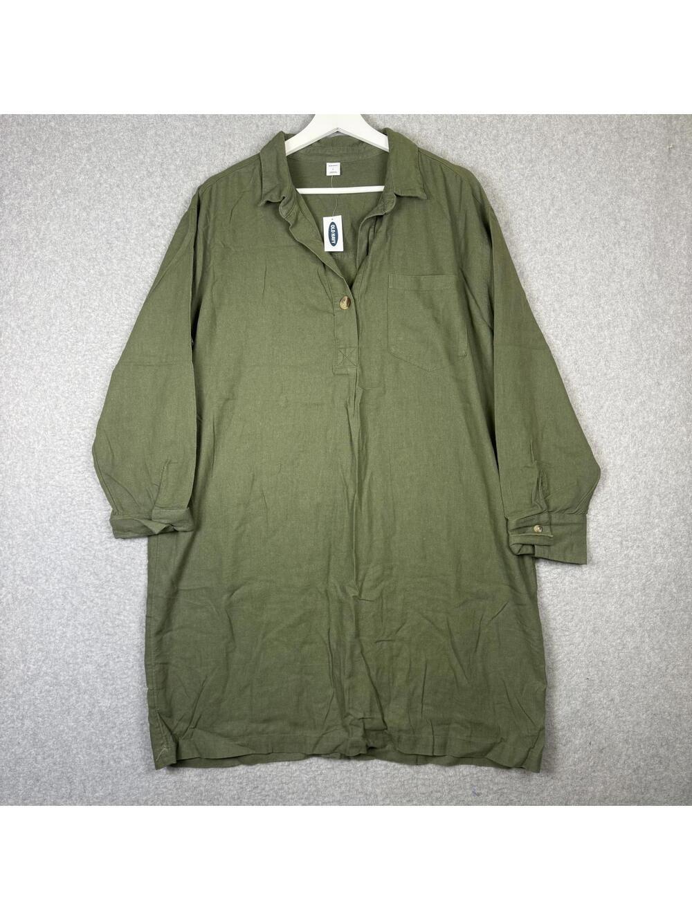 Brand New Old Navy Women's Size Large Linen Blend Green Tunic Shirt Dress Midi